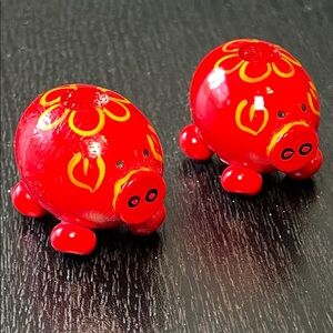 Vintage Scandinavian Swedish Folk Art Handpainted Wood Red Pig Candle Holders